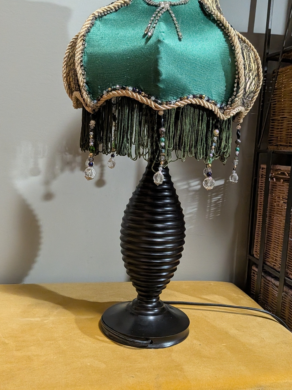 Victorian Style Emerald Green Crystal Beaded Fringe Table Lamp
